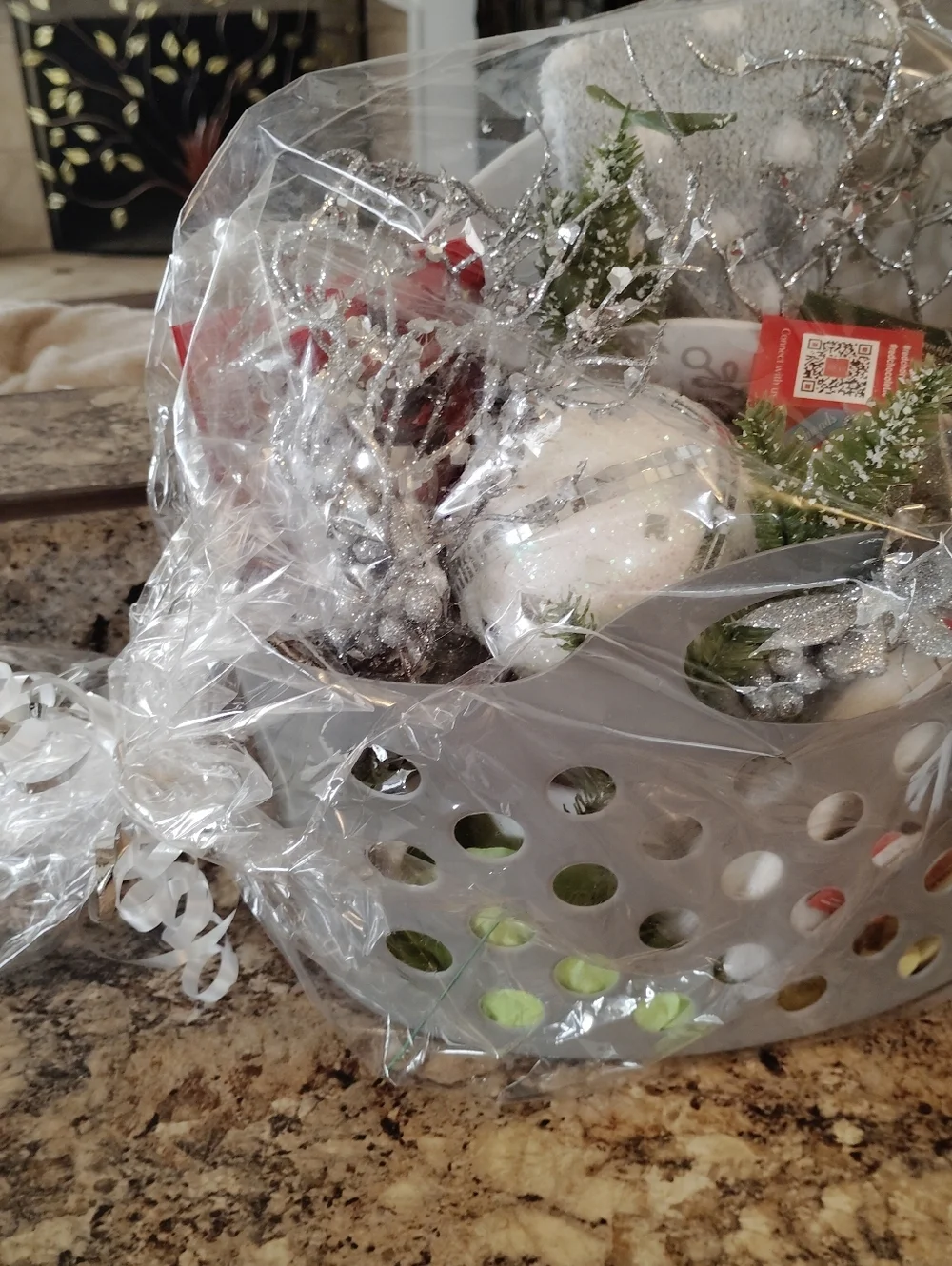 Silver and white festive Christmas holiday themed gift basket